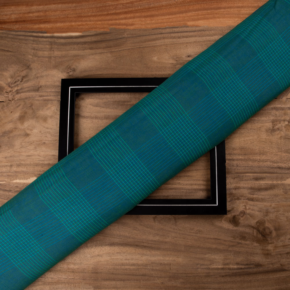 Check Teal Green Pure Cotton 90 GSM Handwoven Fabric