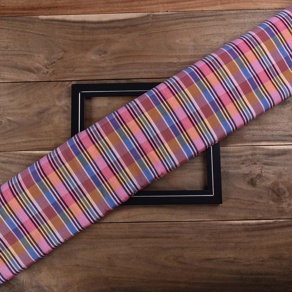 Check Multicolor Pure Cotton 100 GSM Handwoven Fabric 559