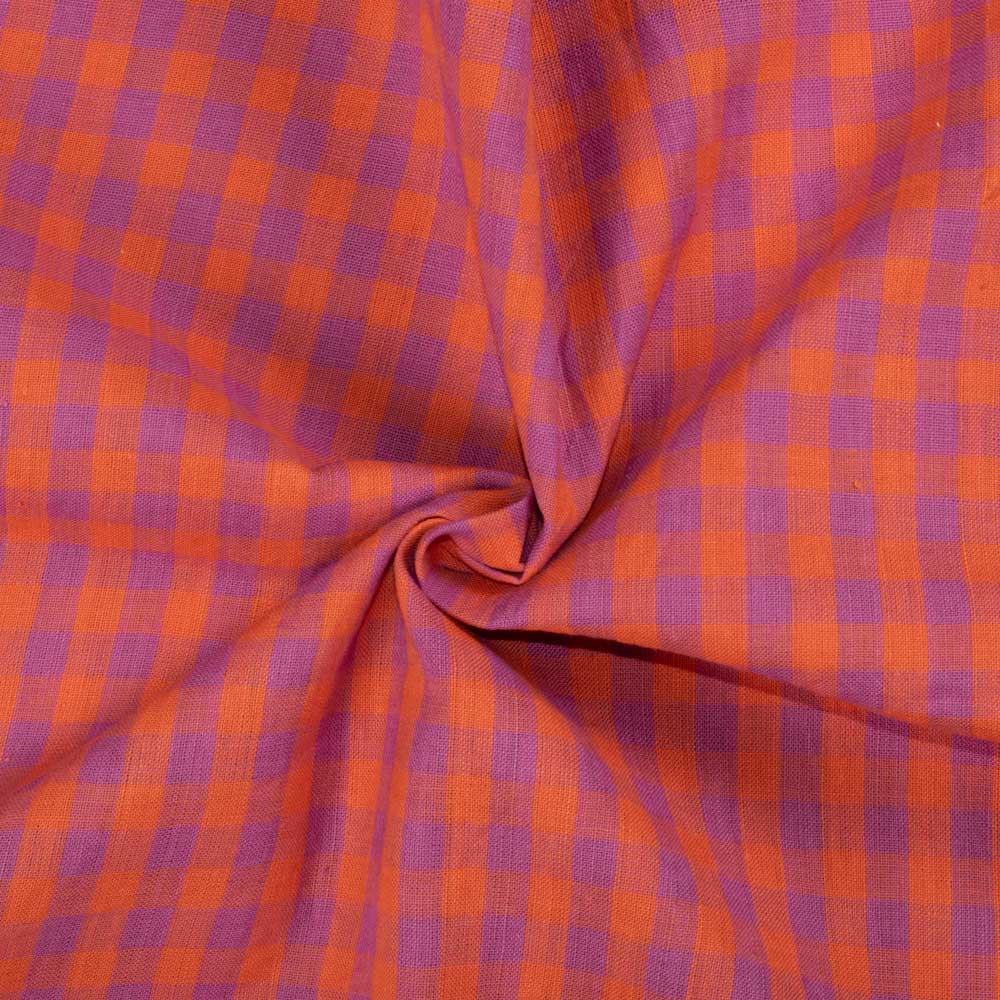 Check Orange Purple Pure Khadi 140 GSM Handwoven Fabric