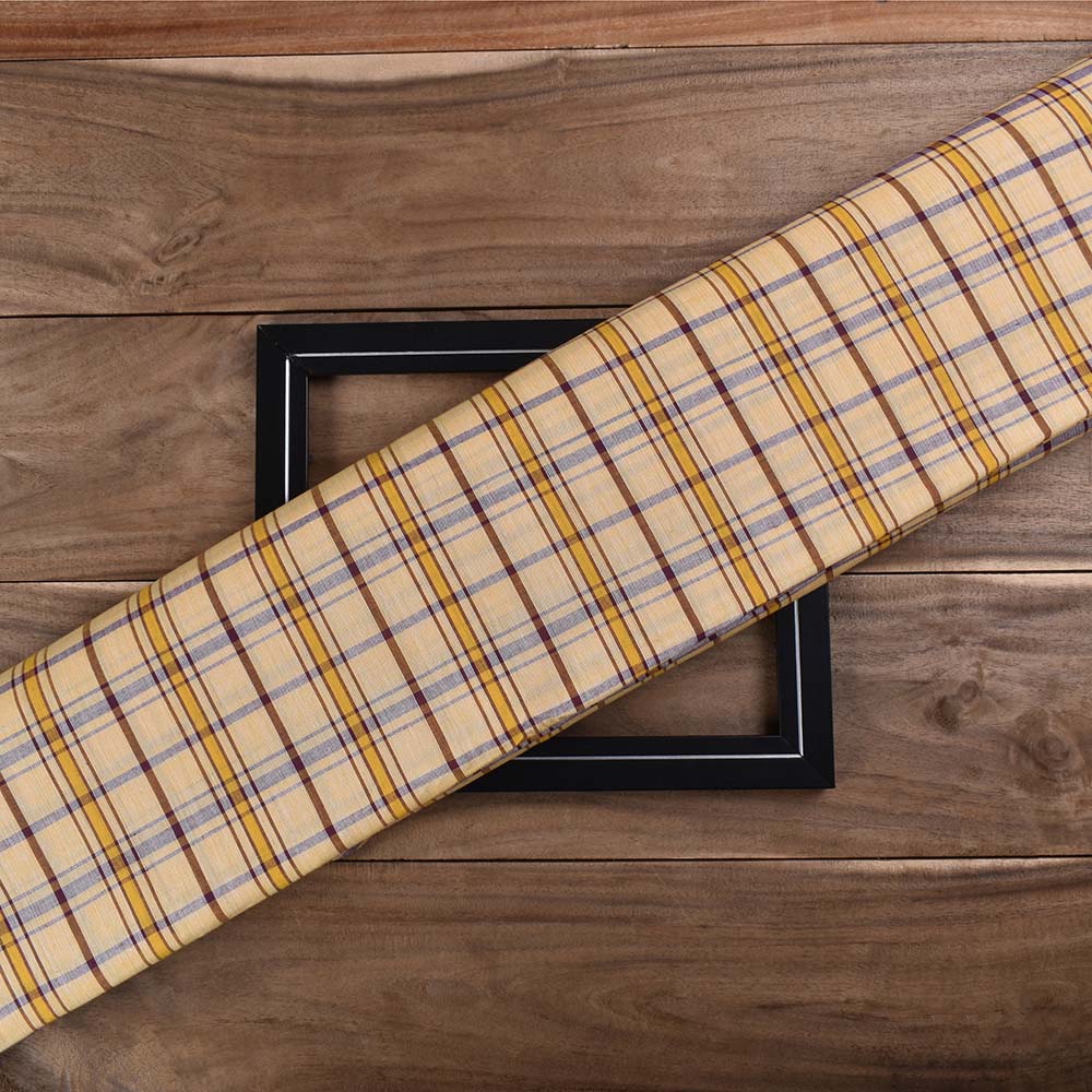 Check Yellow Brown Pure Cotton 100 GSM Handwoven Fabric