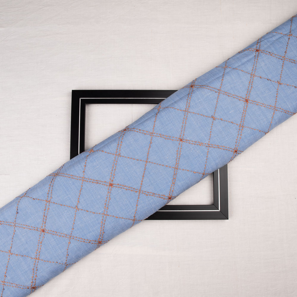 Cotton khadi fabric featuring Kantha embroidery in a check pattern
