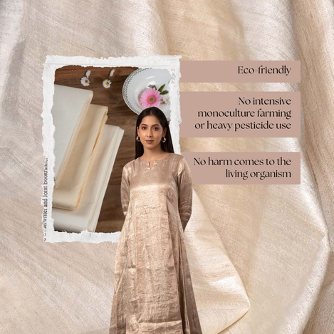 Naturally dyed tussar silk fabric highlighting matte finish and eco-friendly production