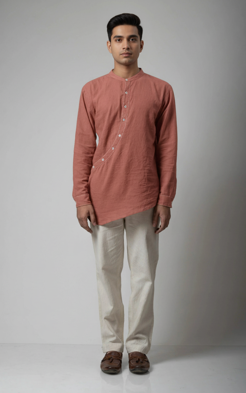 Short  Aasymmetrical Plaket Kurta With Side Tie-Up Strings