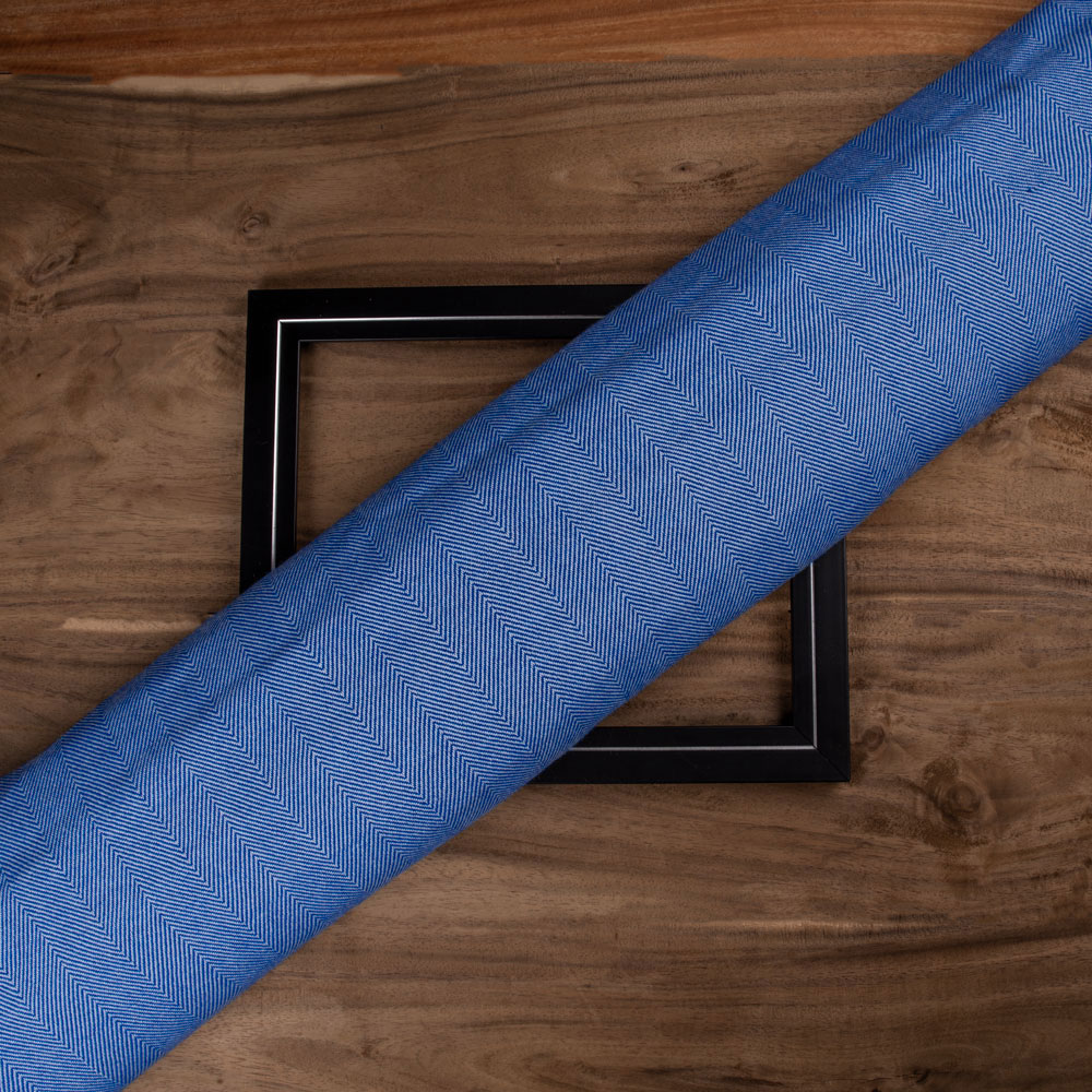 Herringbone Tweed Blue Pure Wool 220 Handwoven Fabric