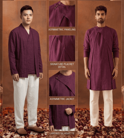 Layered kurtas for men with contemporary festive detailing.