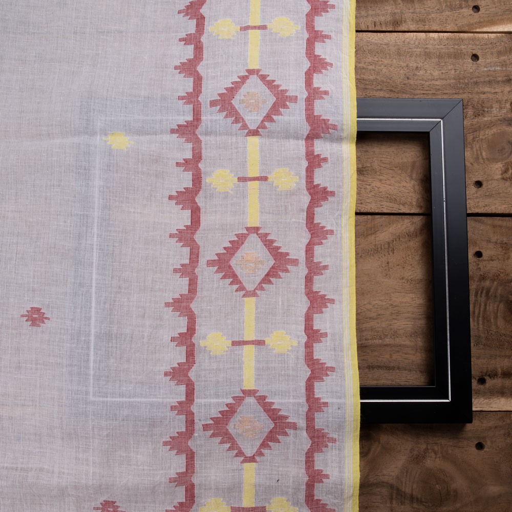 GEOMETRIC WHITE JAMDANI PURE COTTON 56 GSM HANDWOVEN FABRIC