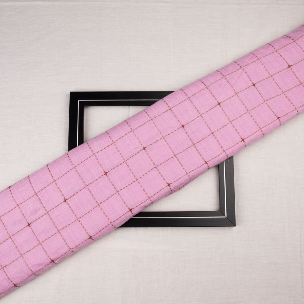 Cotton khadi fabric with Kantha embroidery in a check pattern