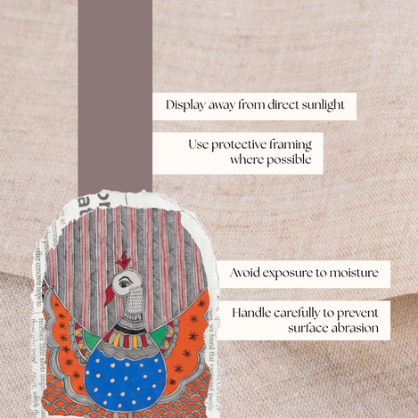 Framed Madhubani wall art placed away from direct sunlight in a modern home setting.