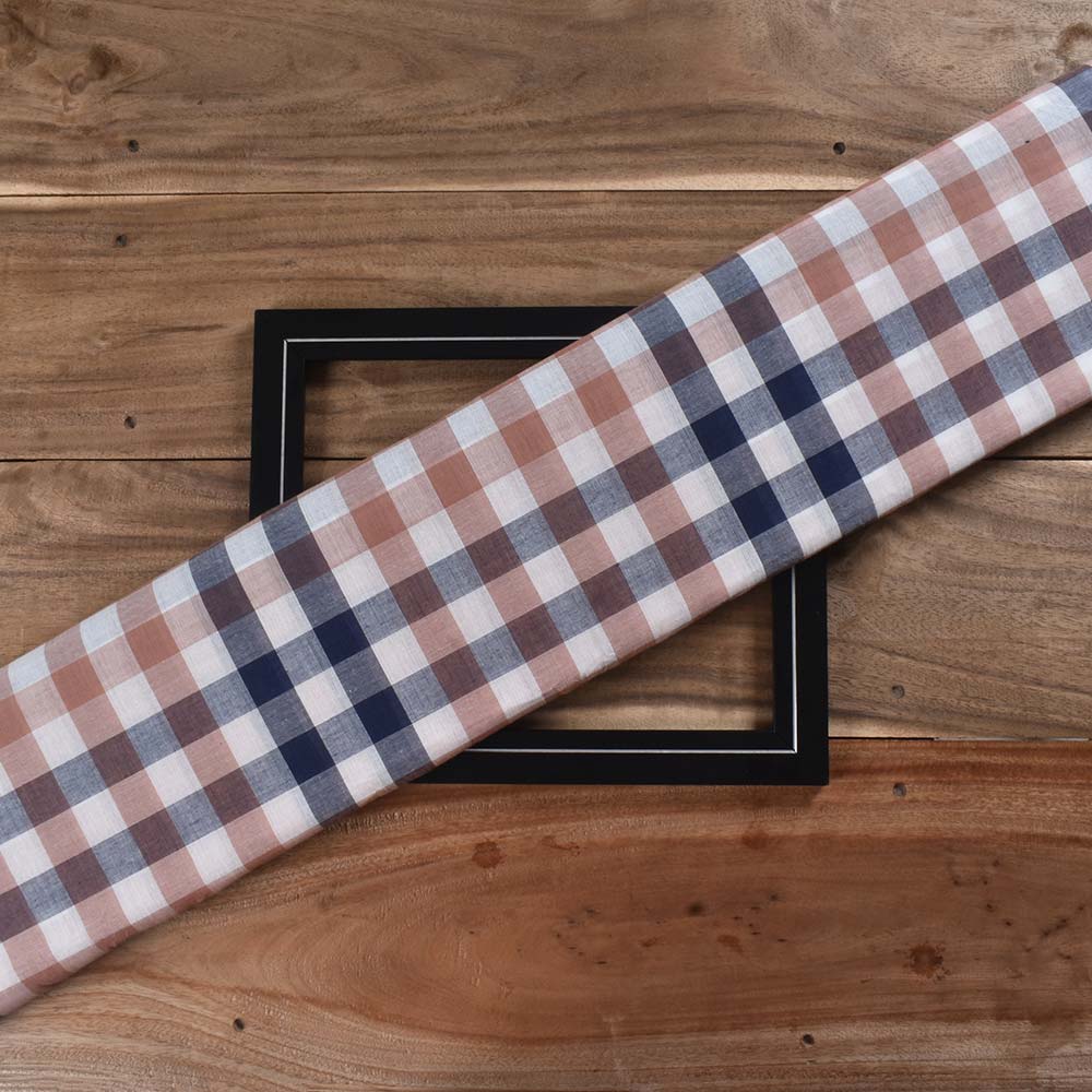 Check White Blue & Brown Pure Cotton 95 GSM Handwoven Fabric