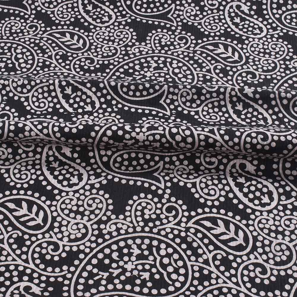 PAISLEY WHITE & BLACK SCREENPRINTED COTTON KHADI 104 GSM HANDWOVEN FABRIC