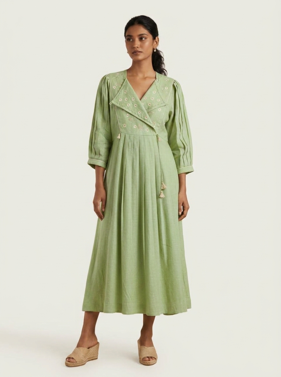 Embroidered Lapel & Top Midi Wrap Dress