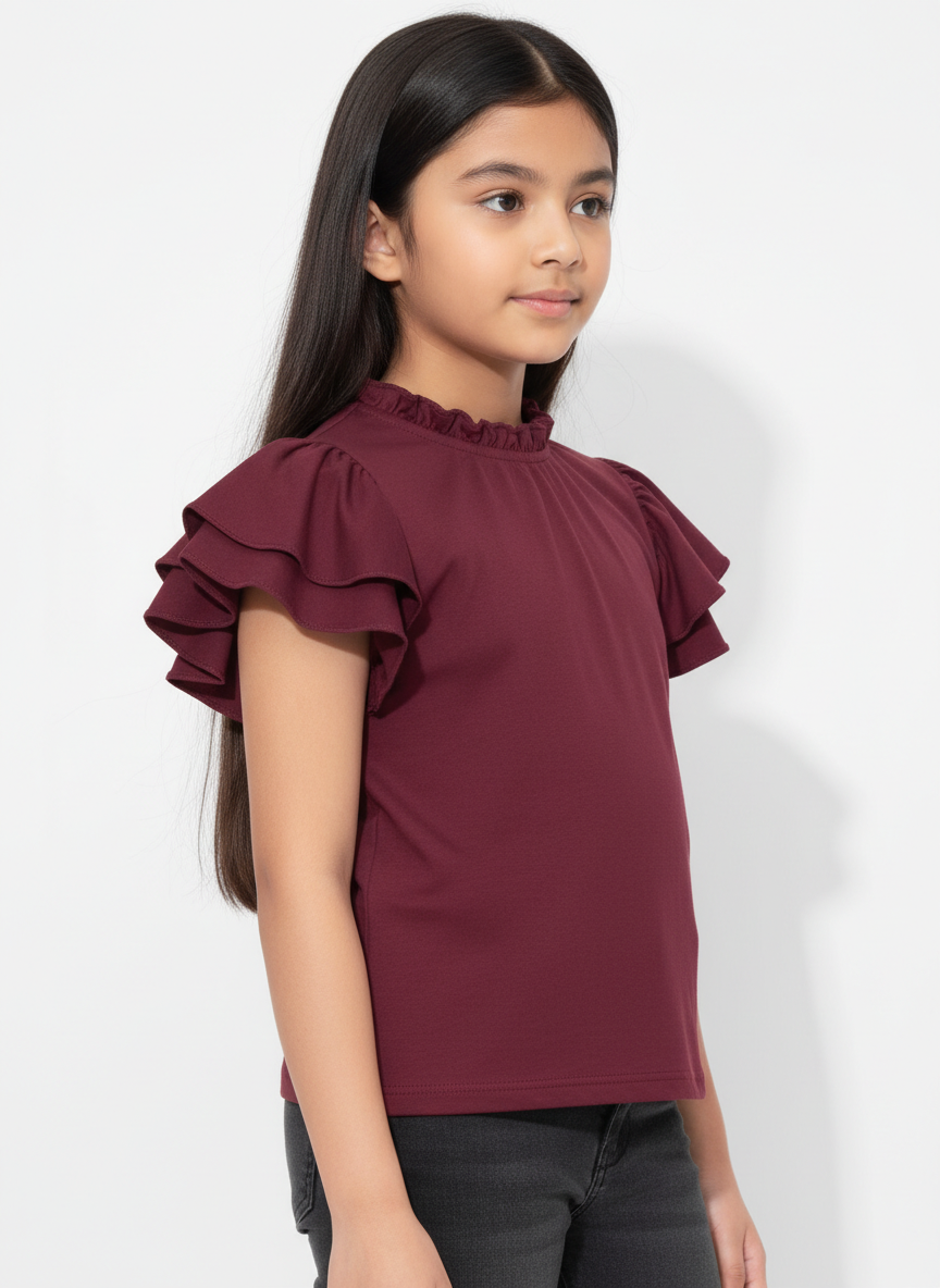 Ruffled Sleeve Basic Girl's Top