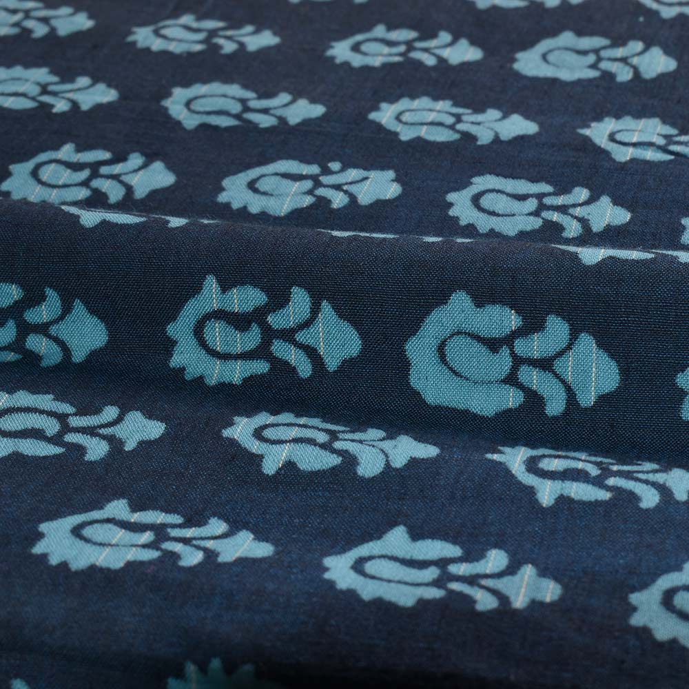 ABSTRACT BLUE DISCHARGE BLOCK PRINTED PURE COTTON 88 GSM HANDWOVEN FABRIC