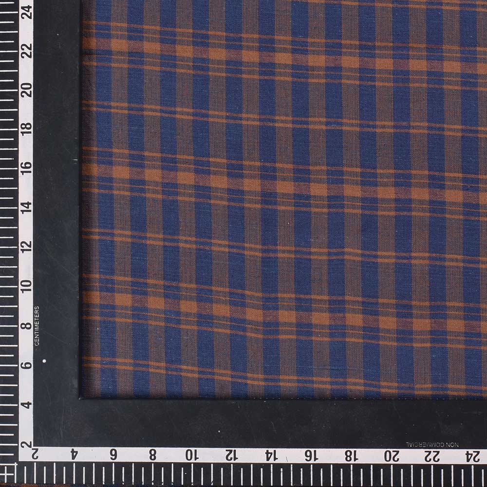 CHECK BLUE & BROWN KHADI COTTON 112 GSM HANDWOVEN FABRIC