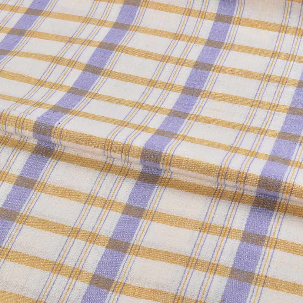 CHECK BLUE YELLOW & WHITE PURE COTTON 89 GSM HANDWOVEN FABRIC