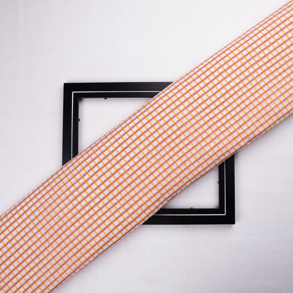 Check White Orange & Red Pure Cotton 70 GSM Handwoven Fabric
