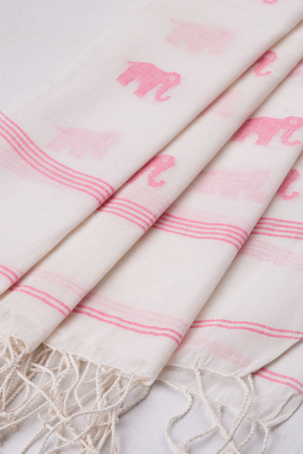 ELEPHANT WHITE & PINK JAMDANI HANDWOVEN COTTON SCARF