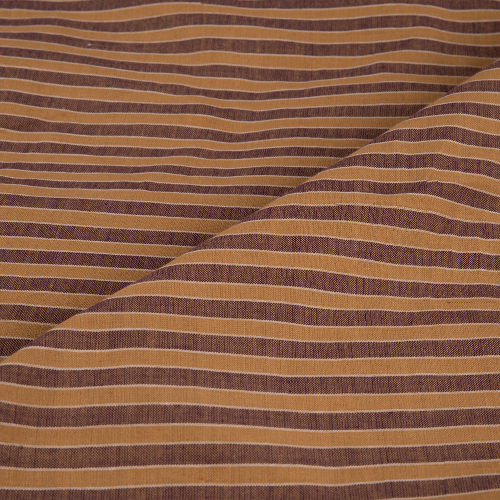 STRIPE MUSTARD YELLOW & BROWN PURE COTTON 83 GSM HANDWOVEN FABRIC 70