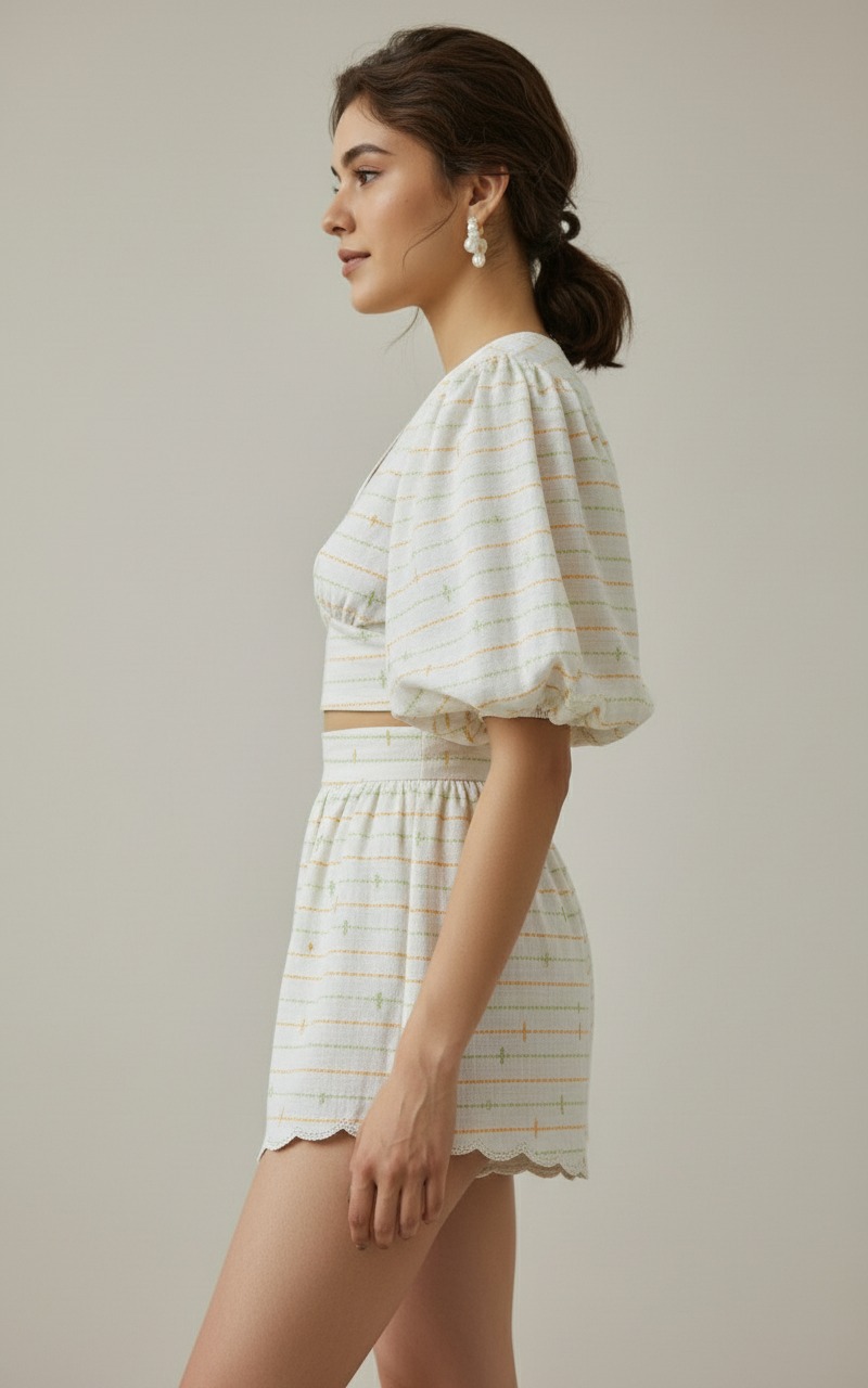Balloon Sleeves Co-ord Set With Cut Work Shorts