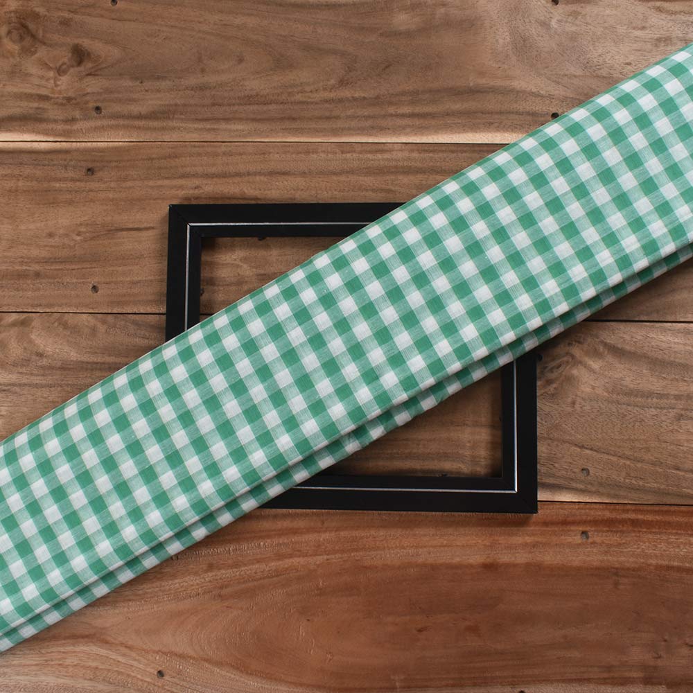 Check Green & White Pure Cotton 67 GSM Handwoven Fabric