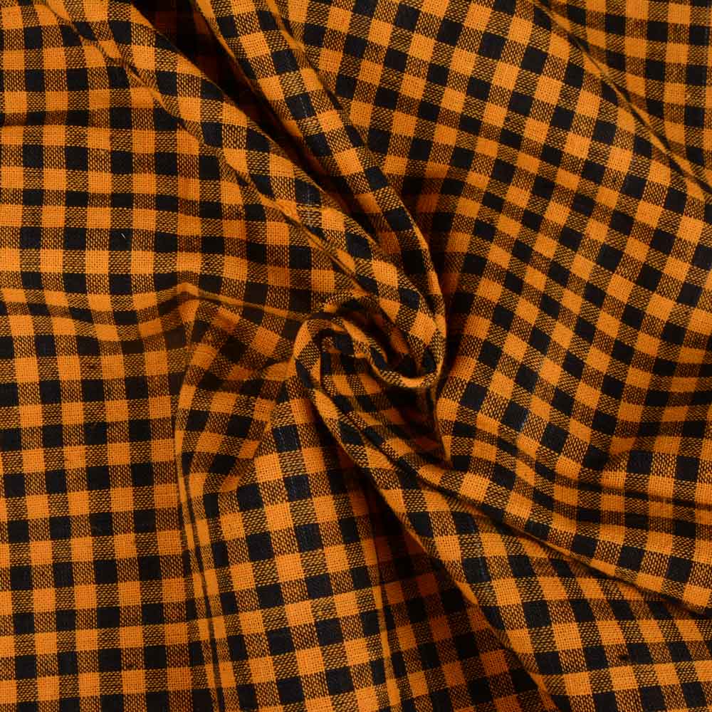 Check Orange & Black Pure Cotton 102 GSM Handwoven Fabric