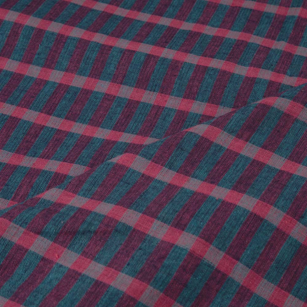 CHECK TEAL & RED PURE COTTON 93 GSM HANDWOVEN FABRIC