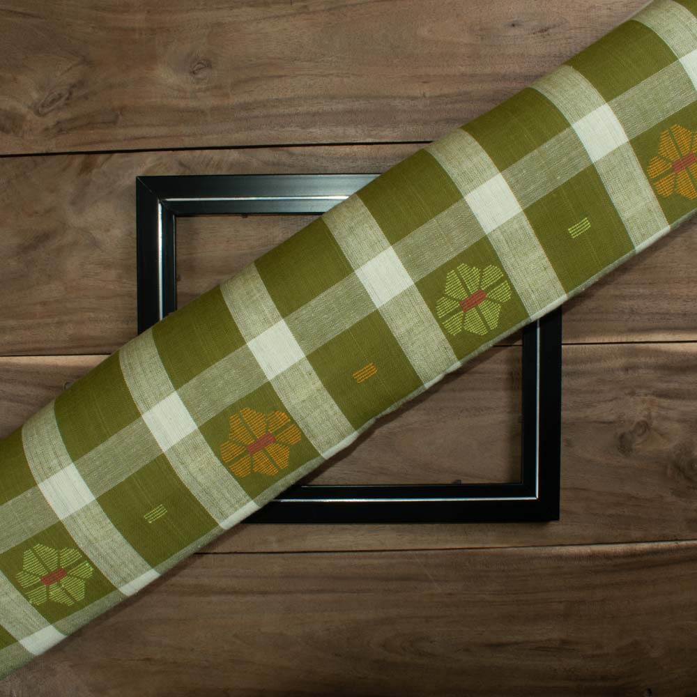 Check Olive and Cream Jamdani Pure Khadi 120 GSM Handwoven Fabric 69