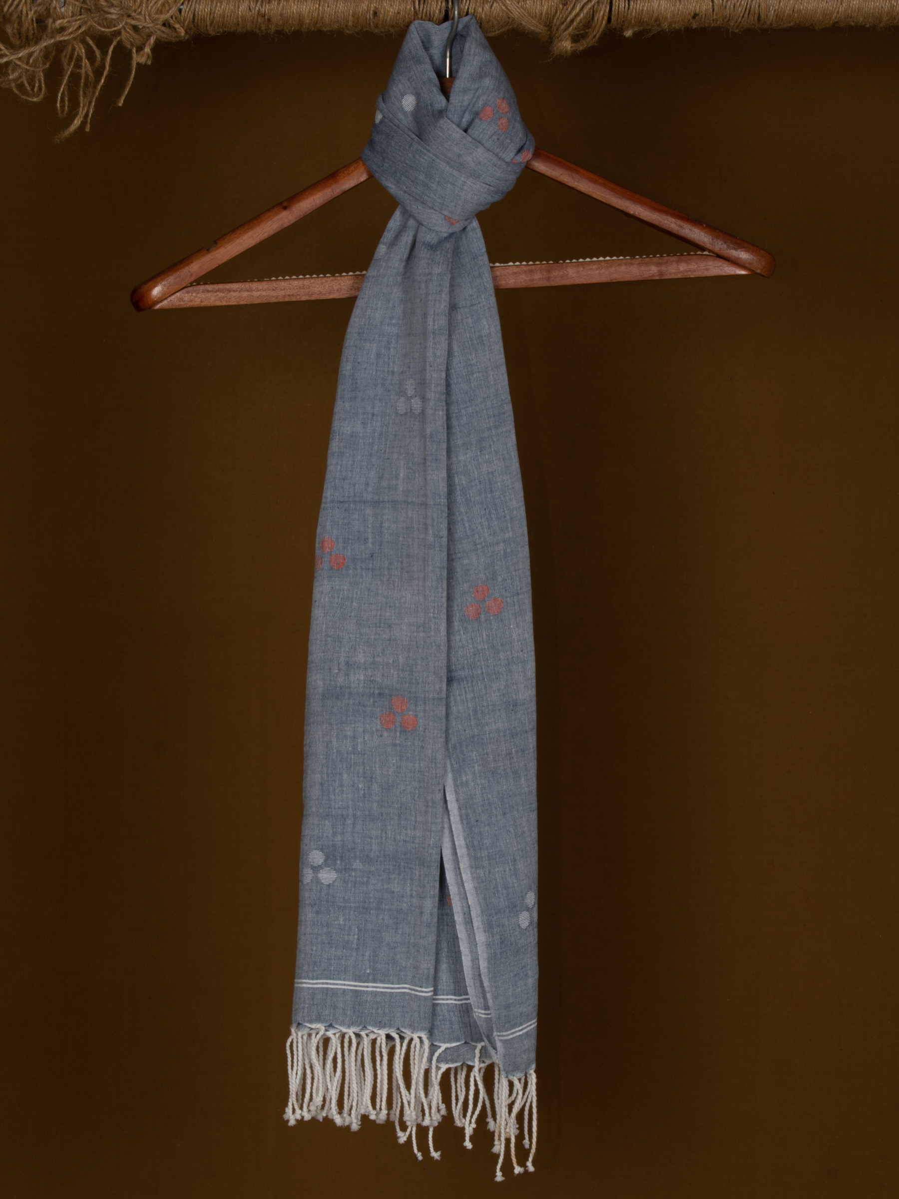Greyish Blue Jamdani Handwoven Pure Cotton Scarf 12