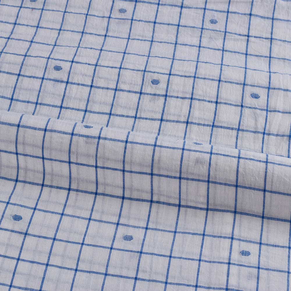 GEOMETRIC CHECK WHITE & BLUE JAMDANI PURE COTTON 60 GSM HANDWOVEN FABRIC