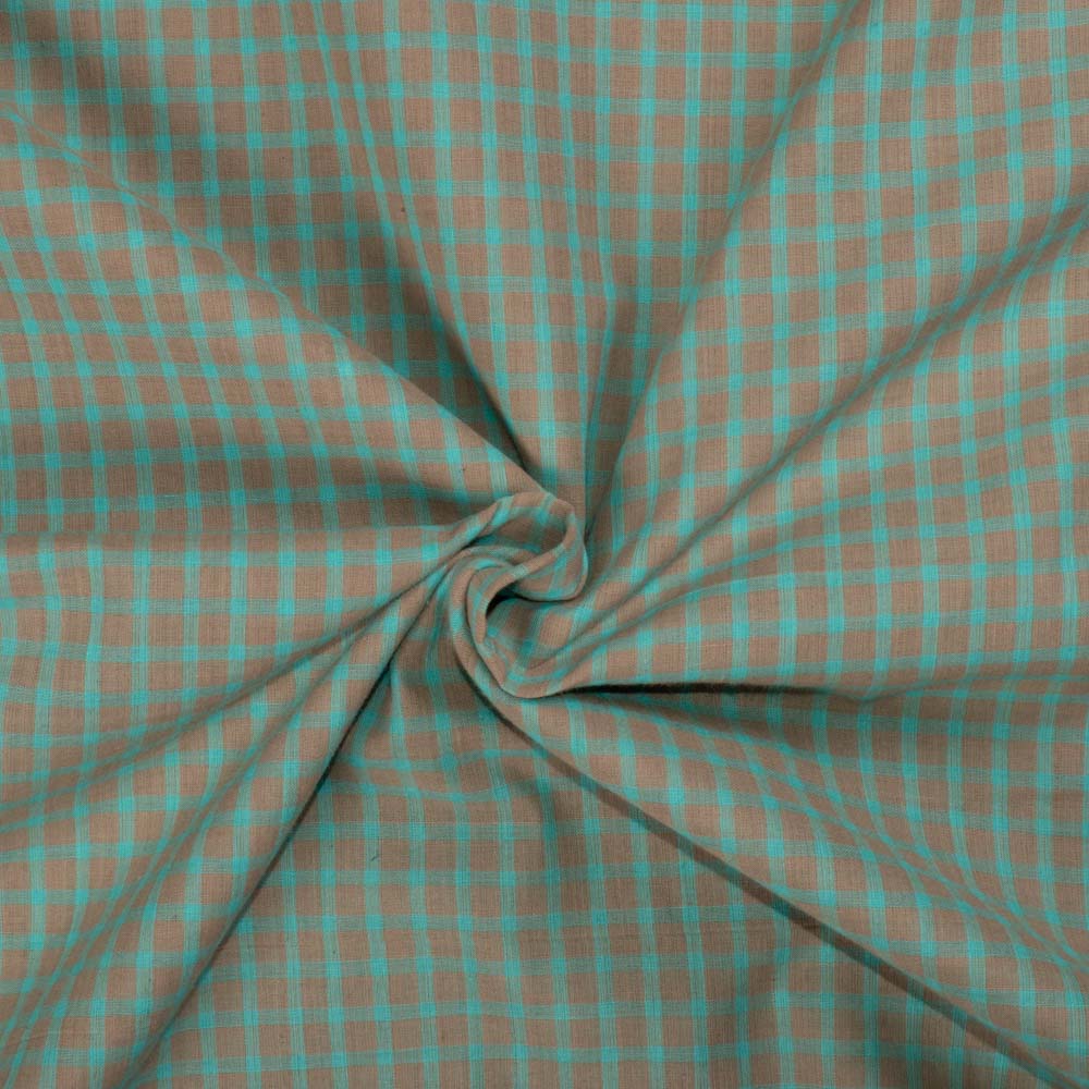 Check Sand and Sea Green Pure Cotton 60 GSM Handwoven Fabric