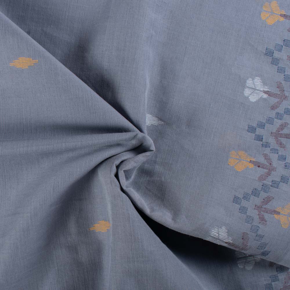 Grey Base Flower Jamdani Pure Cotton 55 GSM Handwoven Fabric