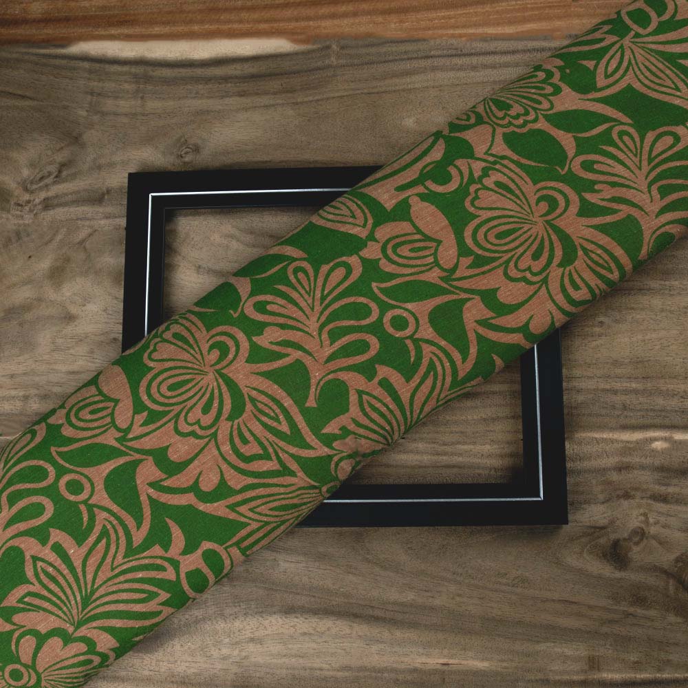 FLORAL GREEN & BROWN SCREENPRINTED COTTON KHADI 84 GSM HANDWOVEN FABRIC