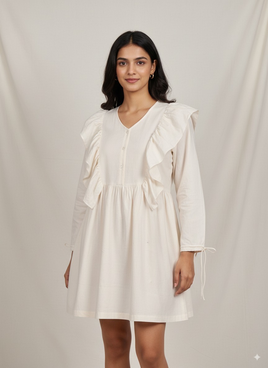 Shoulder pleated Dress with Sleeve tie
