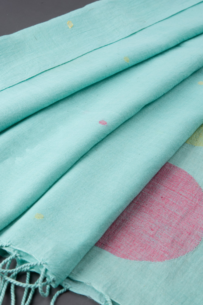 GEOMETRIC TURQUOISE JAMDANI HANDWOVEN PURE COTTON SCARF 20A