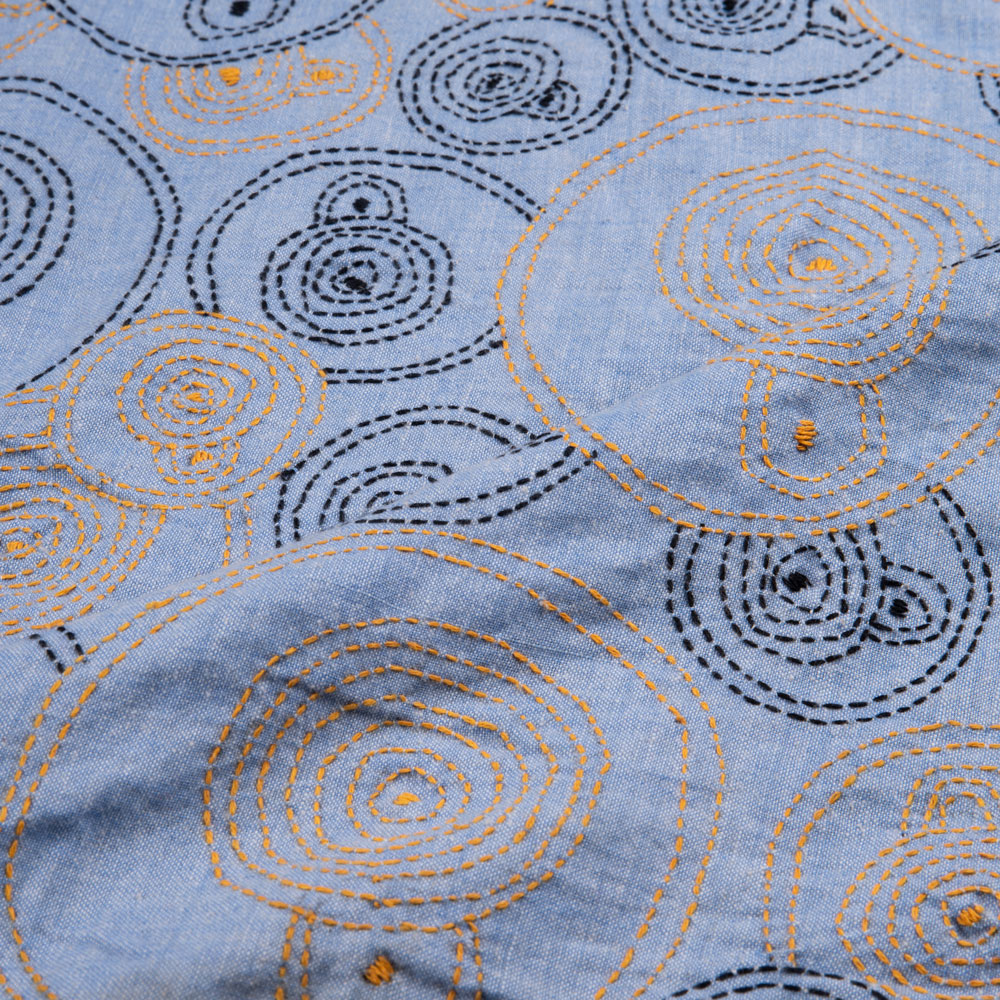 GEOMETRIC BLUE KANTHA EMBROIDERED KHADI COTTON 129 GSM HANDWOVEN FABRIC