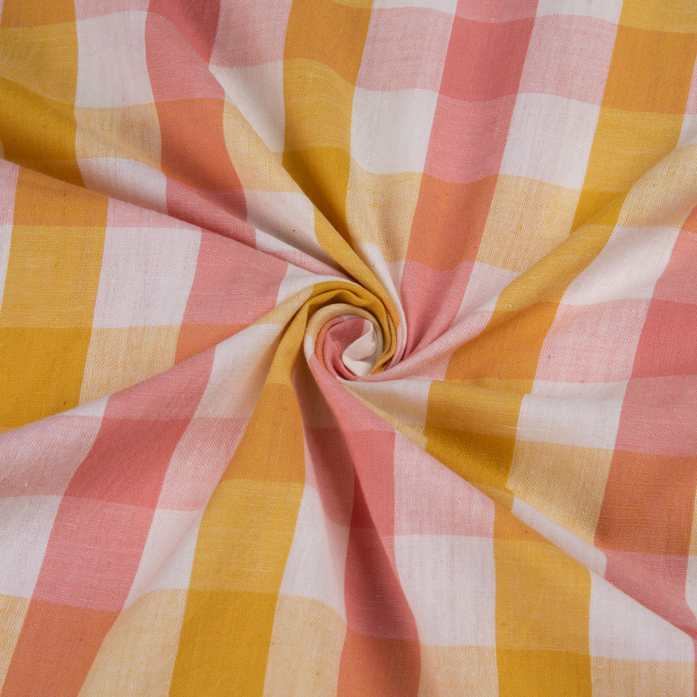 Check Orange & Pink Pure Cotton 92 GSM Handwoven Fabric