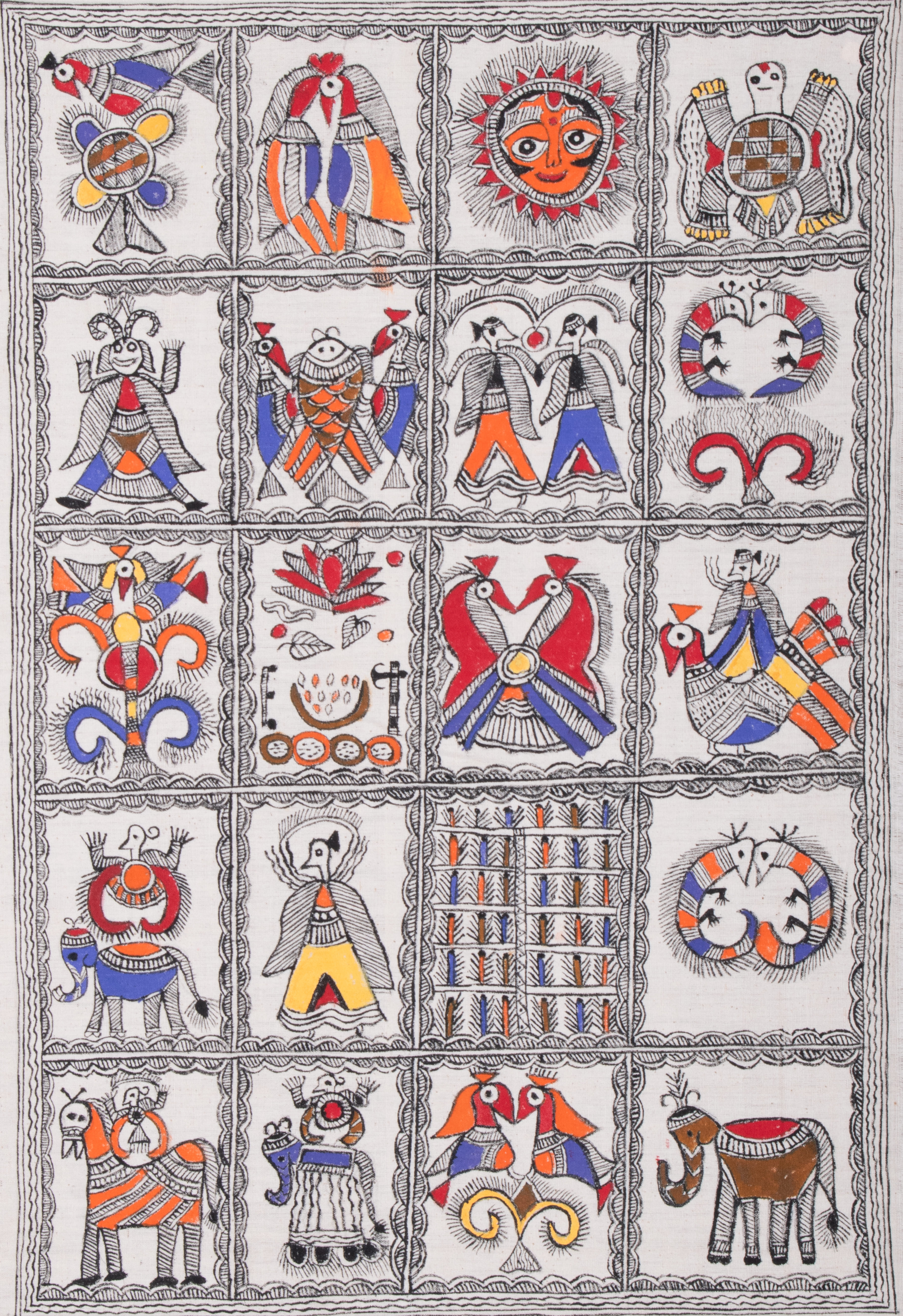 Detailed Madhubani background filled with cross-hatching, dots, and geometric patterns.