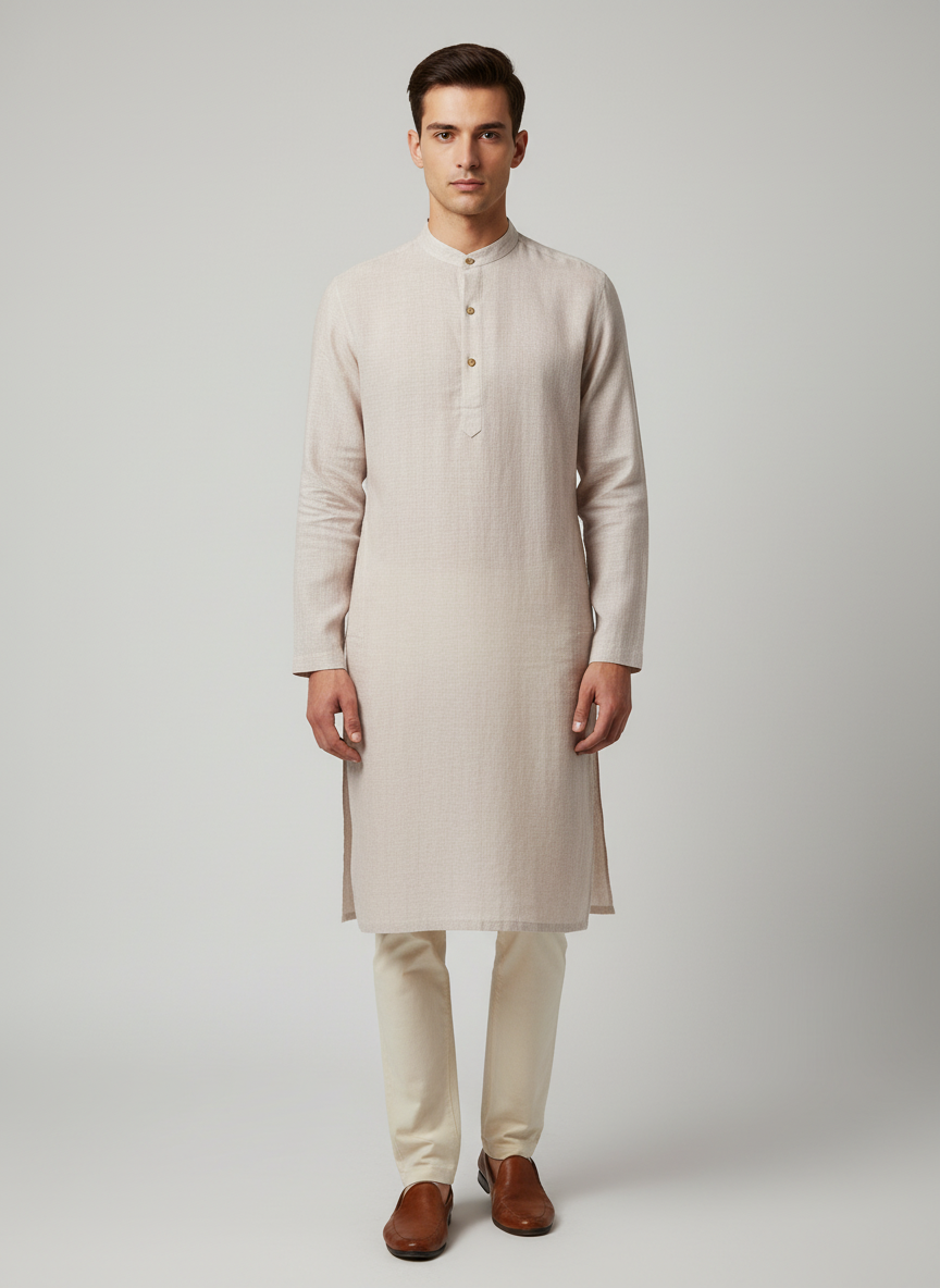 Band Collared Kurta With Popover Placket And Full Sleeves