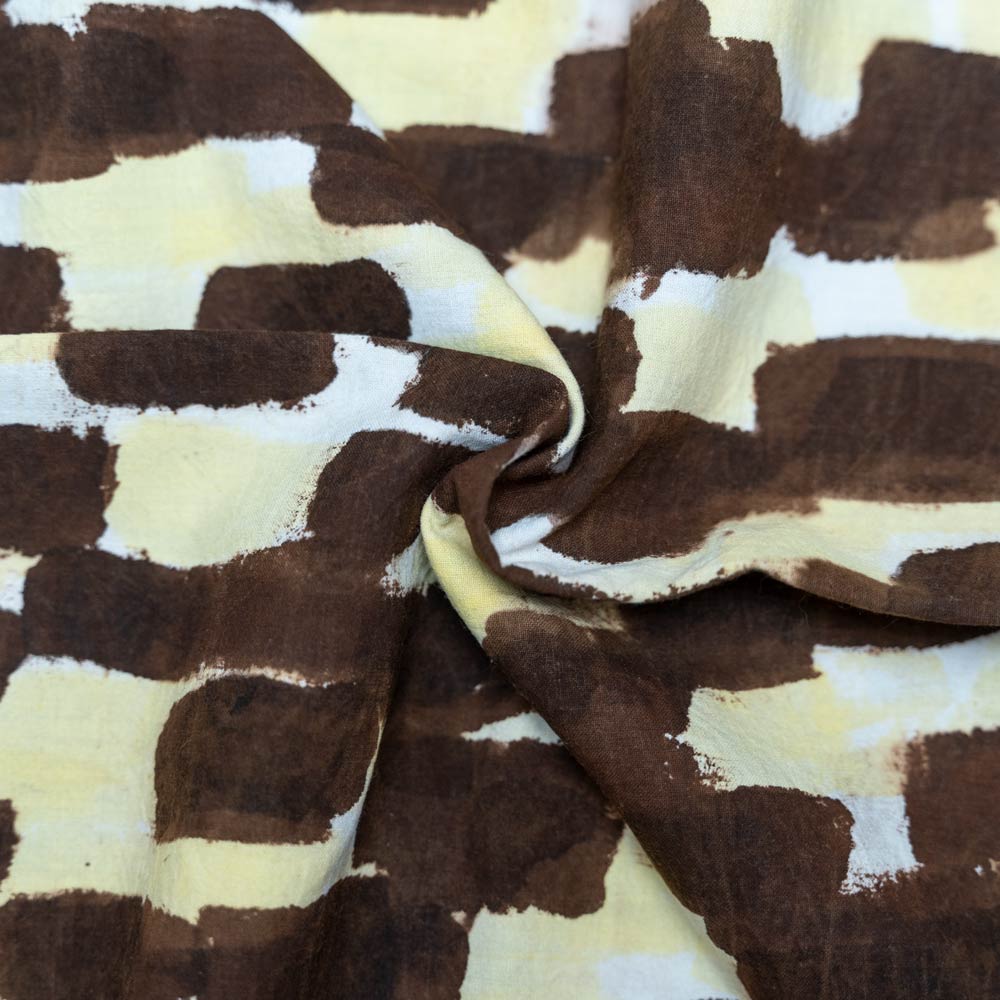 Abstract Brown & Yellow Screenprinted Pure Cotton 135 GSM Handwoven Fabric