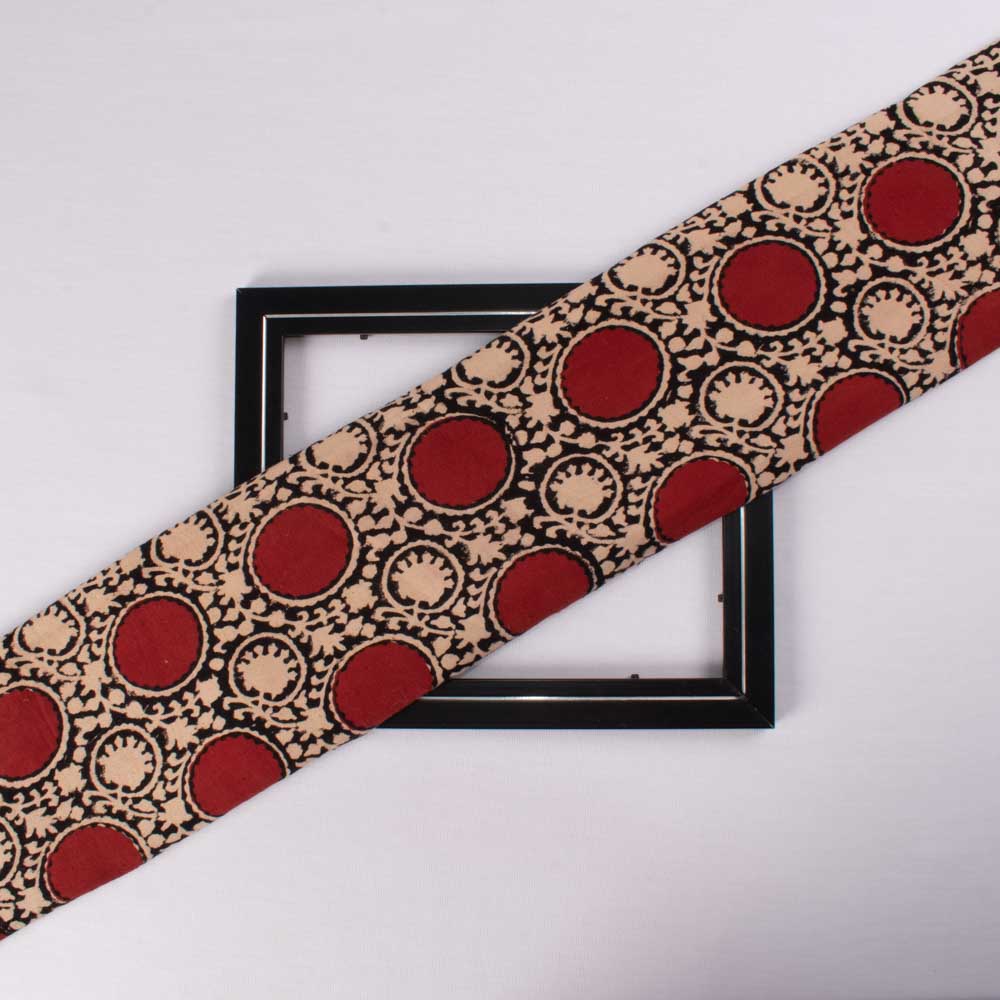 Natural Mari Gold & Babool Gond With Iron Dust Cream Red And Black Block Printed Organic Khadi 174 GSM Handwoven Fabric