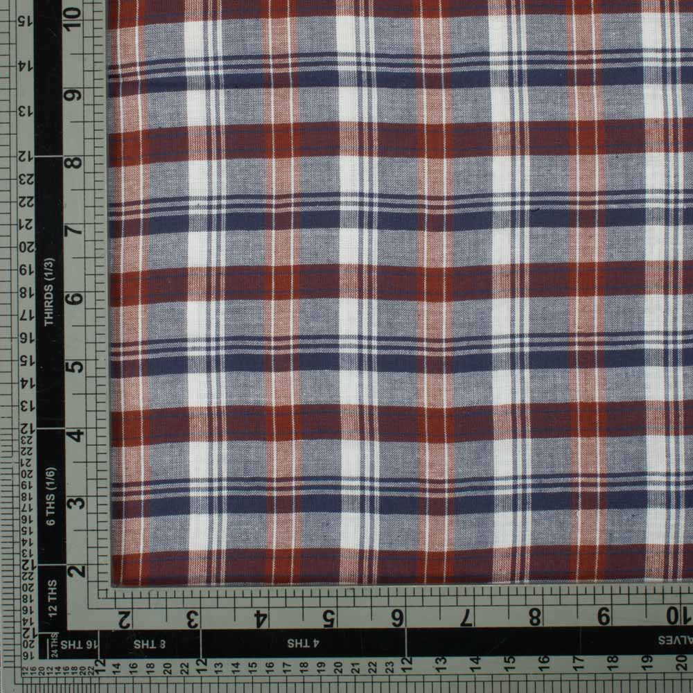 CHECK BLUE BROWN & WHITE PURE COTTON 94 GSM HANDWOVEN FABRIC