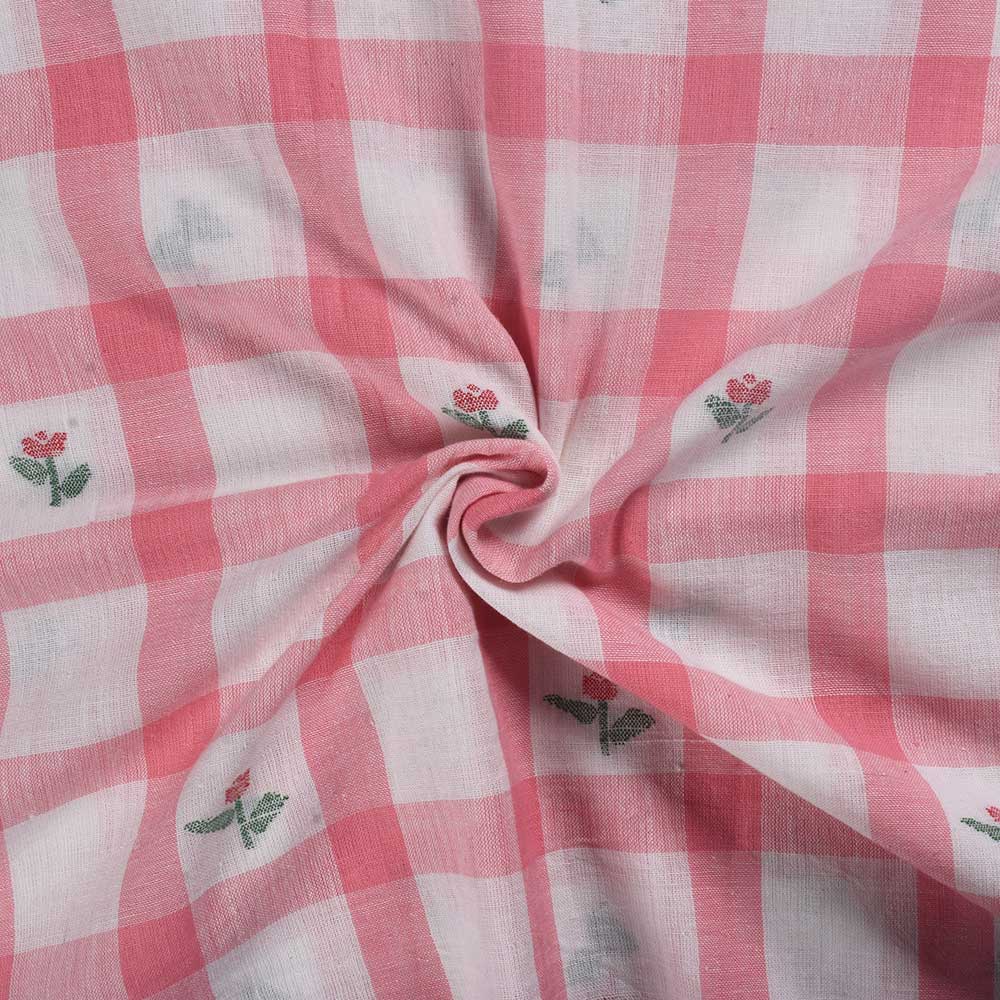 Floral Check Pink & Blue Jamdani Pure Cotton 104 GSM Handwoven Fabric