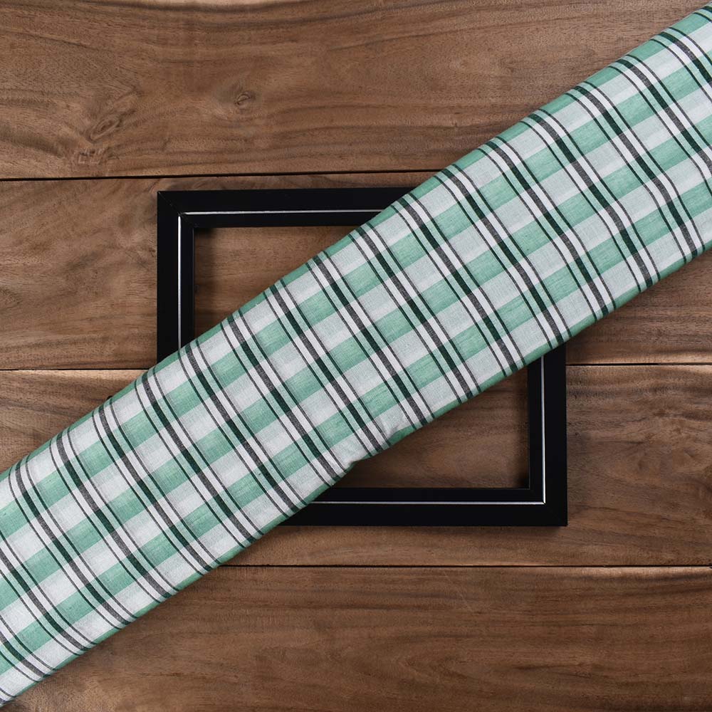 Check White Black And Green Pure Cotton 90 GSM Handwoven Fabric