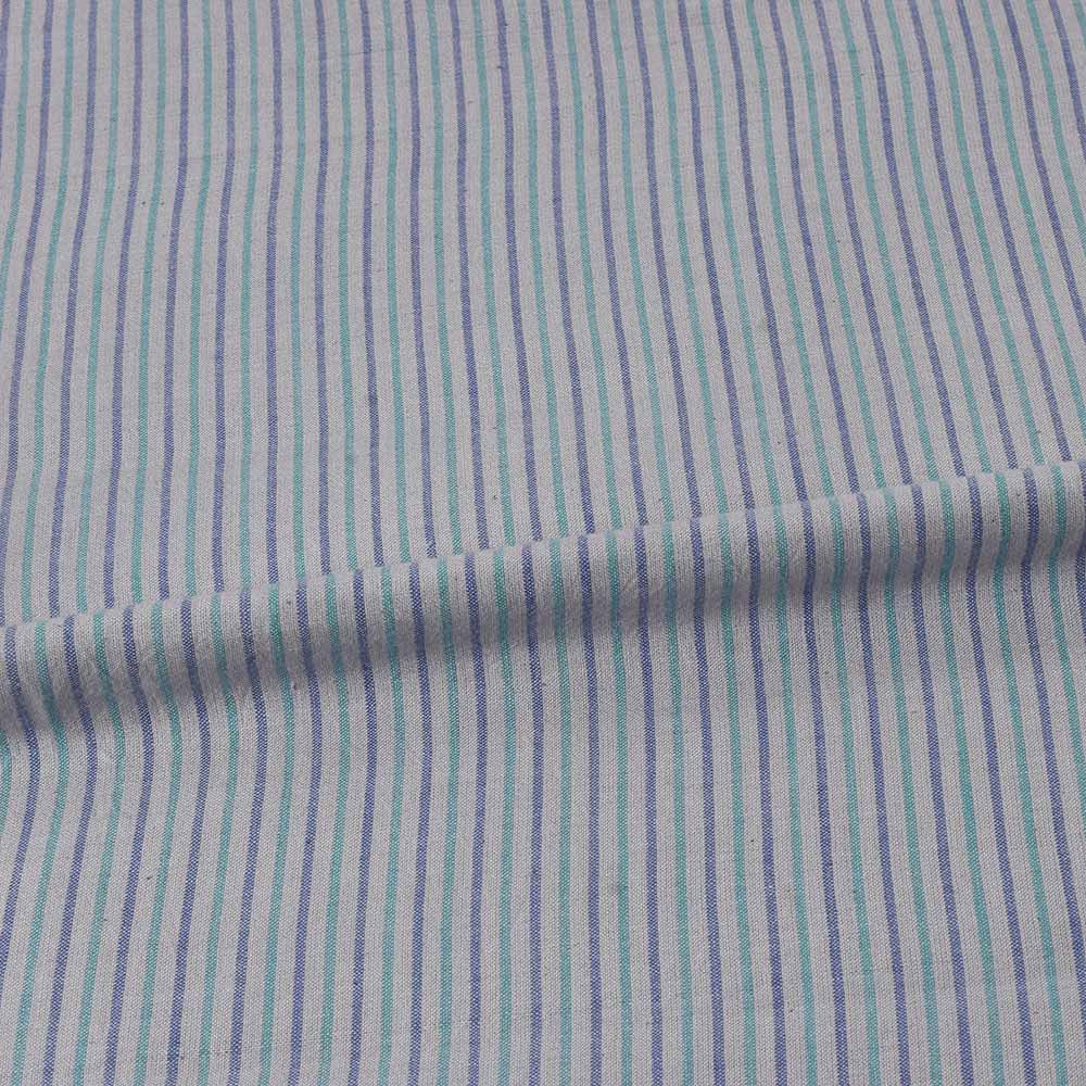 STRIPE BLUE GREEN & WHITE PURE COTTON 84 GSM HANDWOVEN FABRIC