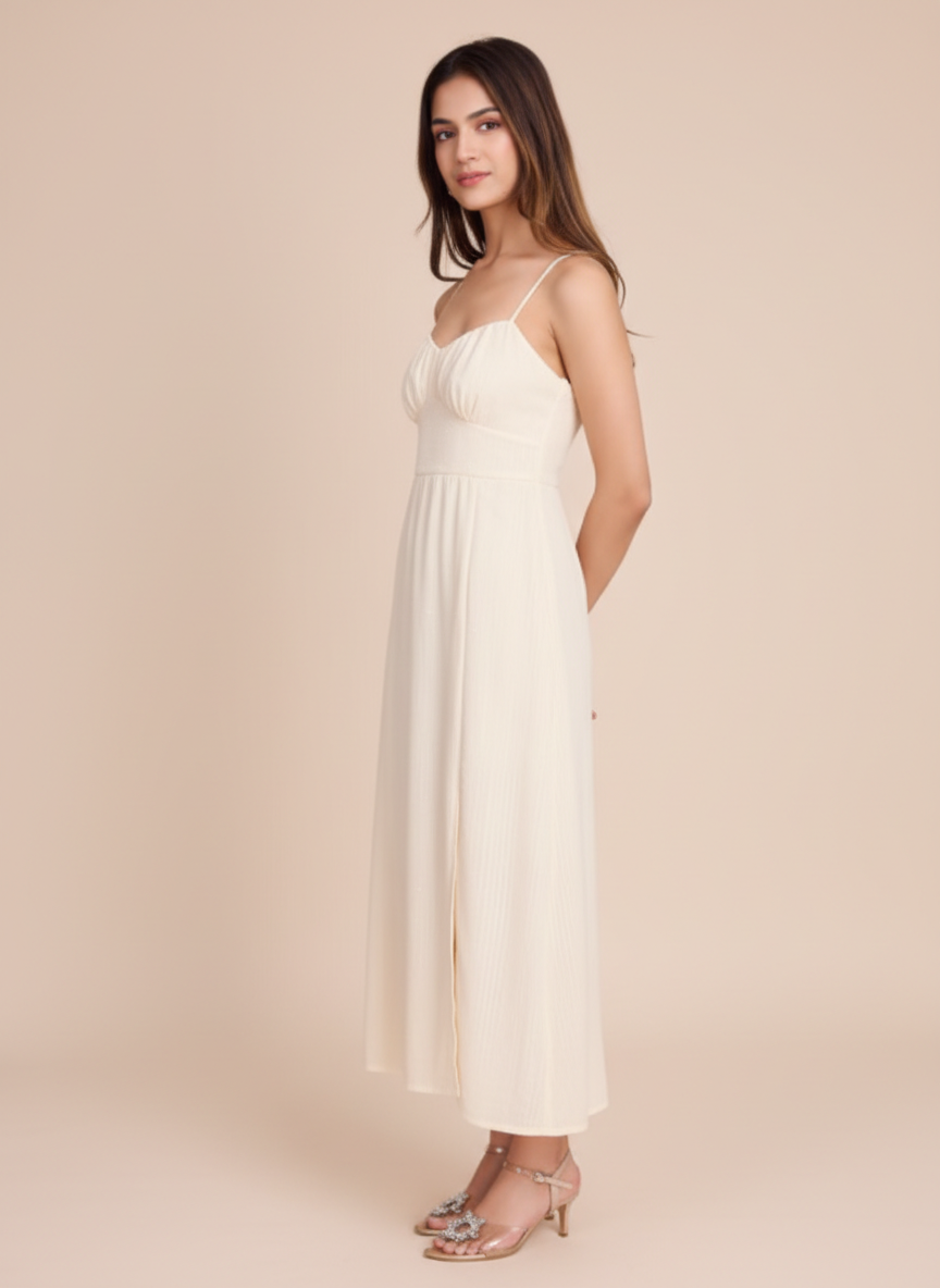 Gathered Bust Back Tie Slit Dress