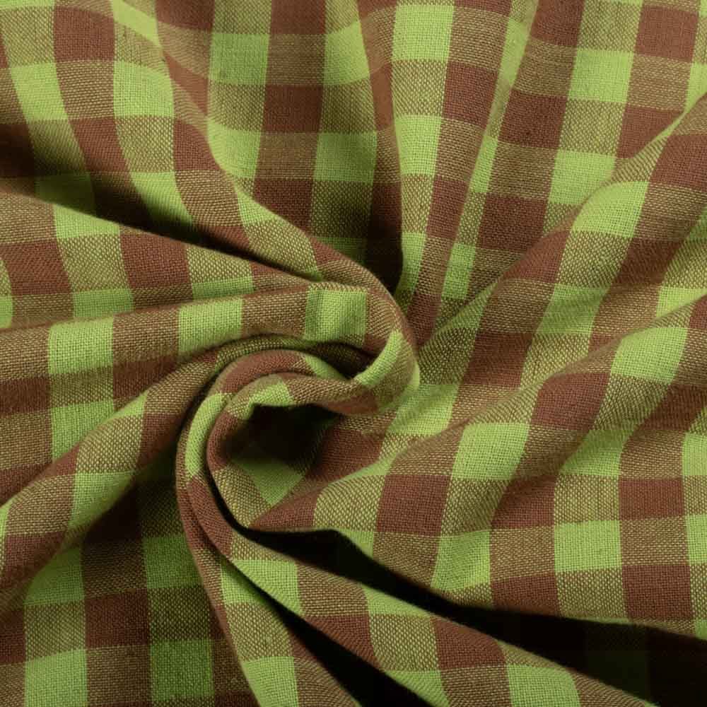Check Leyon Green & Brown Pure Cotton 98 GSM Handwoven Fabric