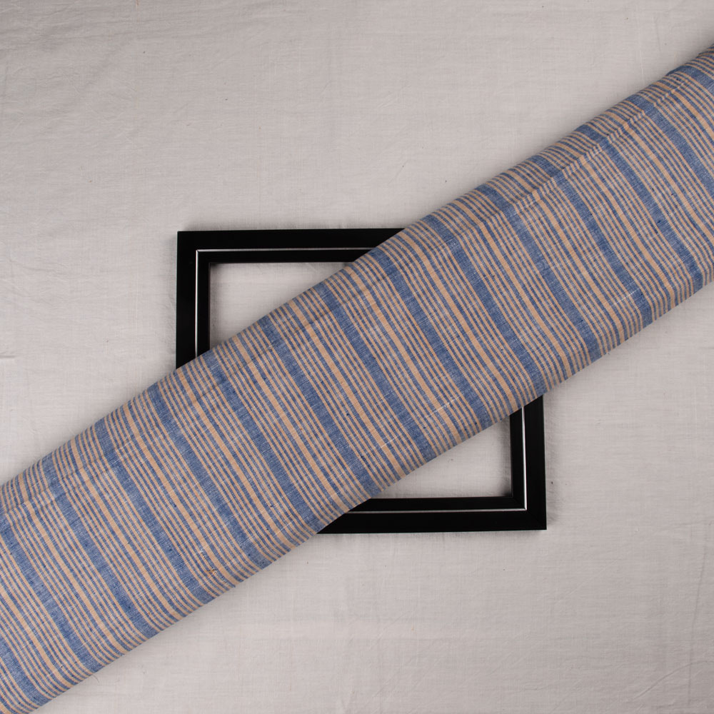 Stripe Blue & Beige Pure Khadi 121 GSM Handspun & Handwoven Fabric