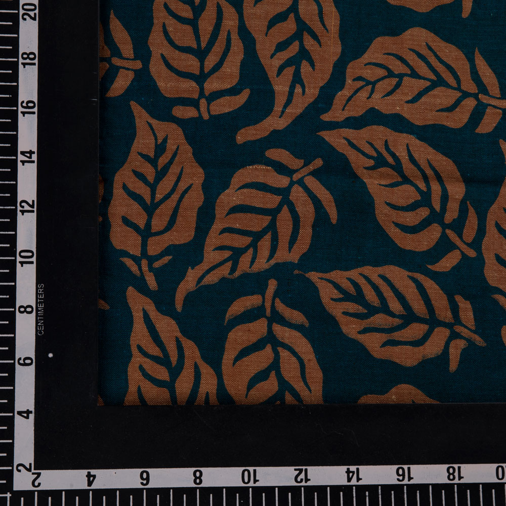 LEAFY TEAL & BROWN SCREENPRINTED COTTON KHADI 82 GSM HANDWOVEN FABRIC