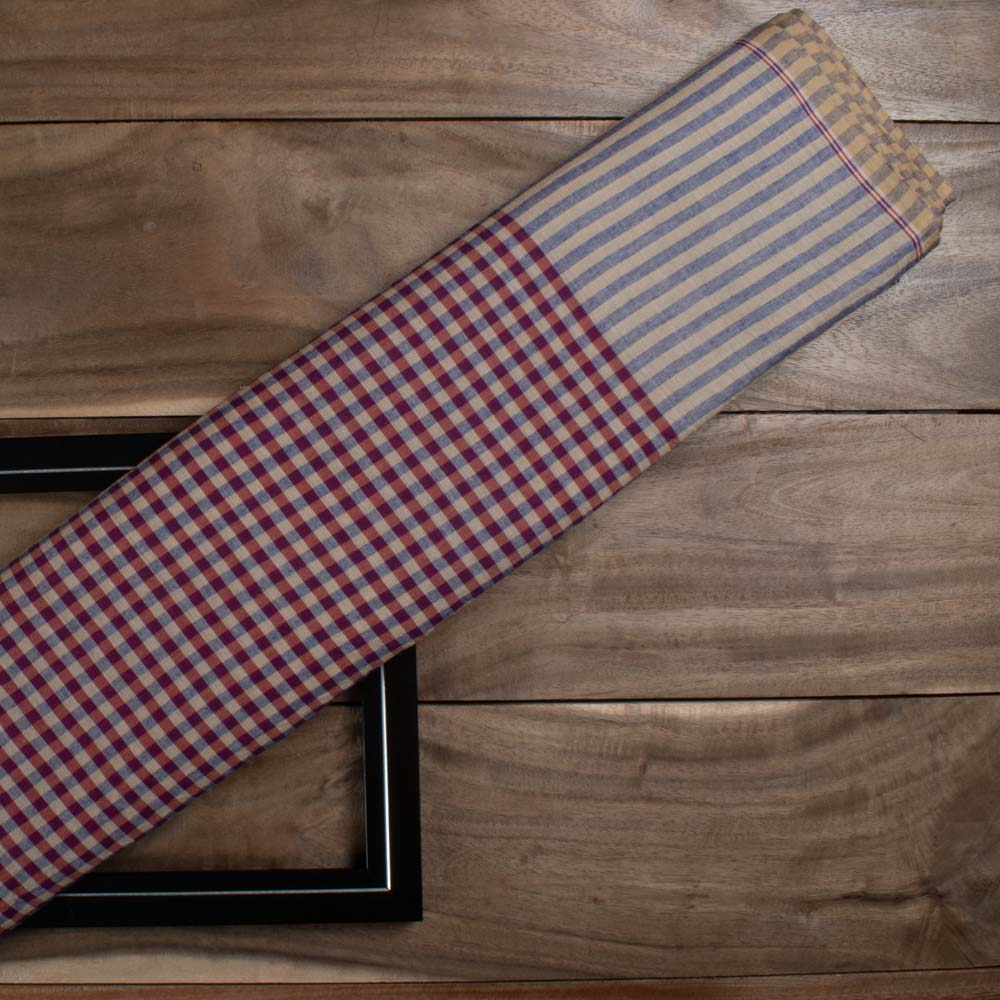 Beige Red Blue Check Pure Cotton 60 GSM Handwoven Fabric