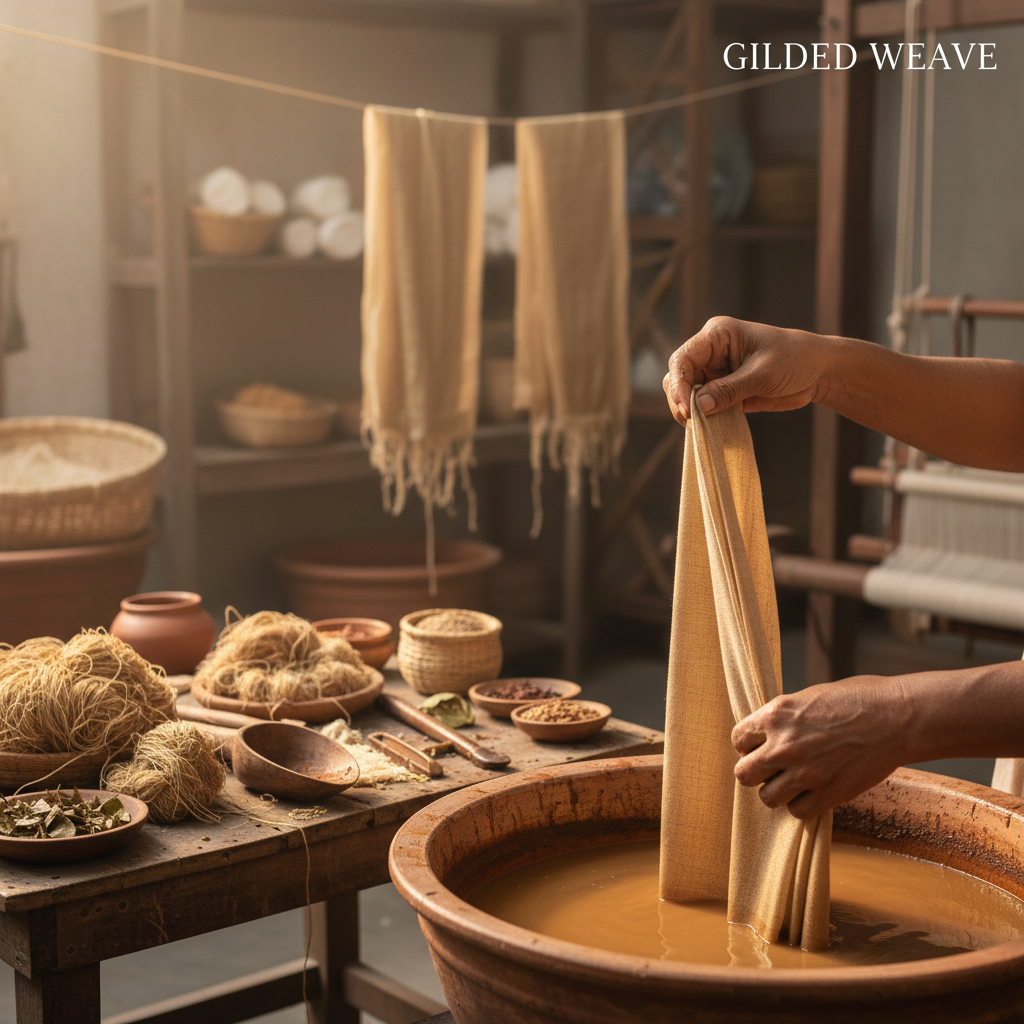 Natural golden Tussar silk fabric with crisp texture and subtle sheen